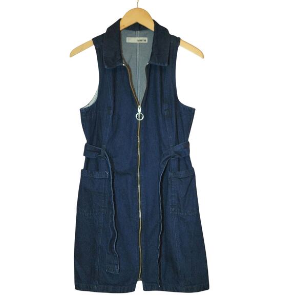 TOPSHOP MOTO Blue Denim Mini Dress Sleeveless Zip Up Front Belted Tie Waist 10 - Picture 6 of 13